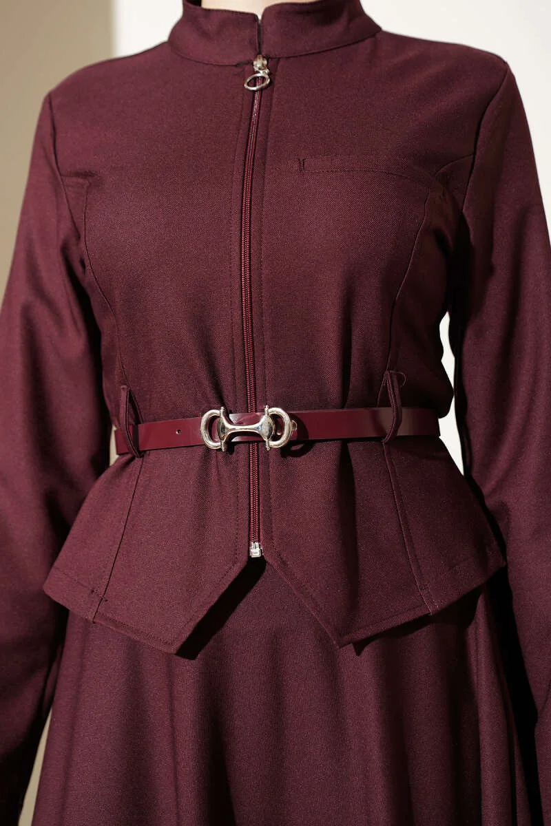 Belted Zippered Basic Skirt Set Burgundy Großhandel clothing set view 4 - Hicabistan Türkei Fabrik