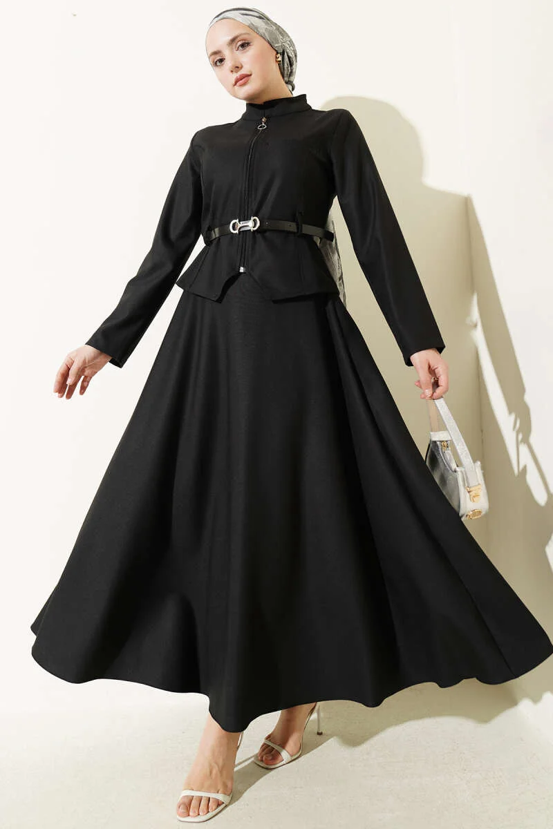 Belted Zippered Basic Skirt Set Black