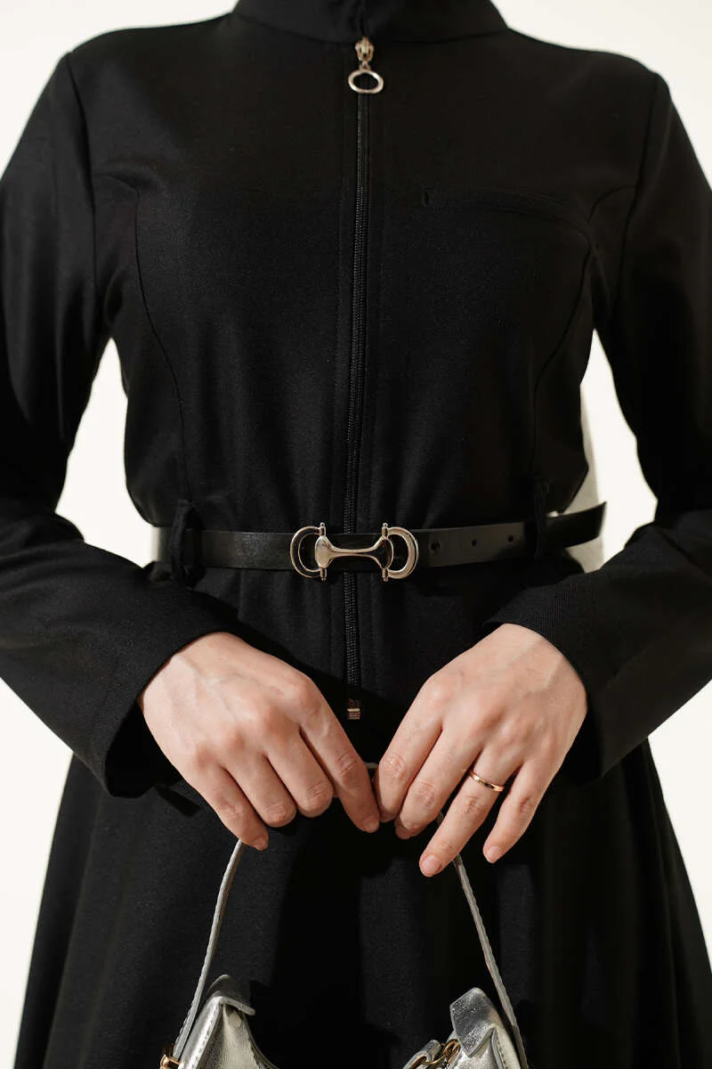 Belted Zippered Basic Skirt Set Black - immagine 4