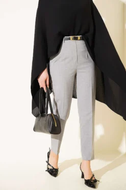 Belted Zippered Slim Pants Grey