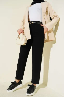 Belted Zippered Slim Pants Black
