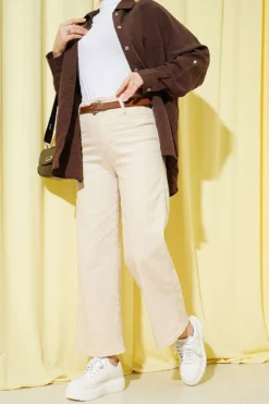 Belted Wide Leg Denim Pants Beige