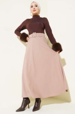 Vista alternativa di Belted Flared Midi Skirt Beige