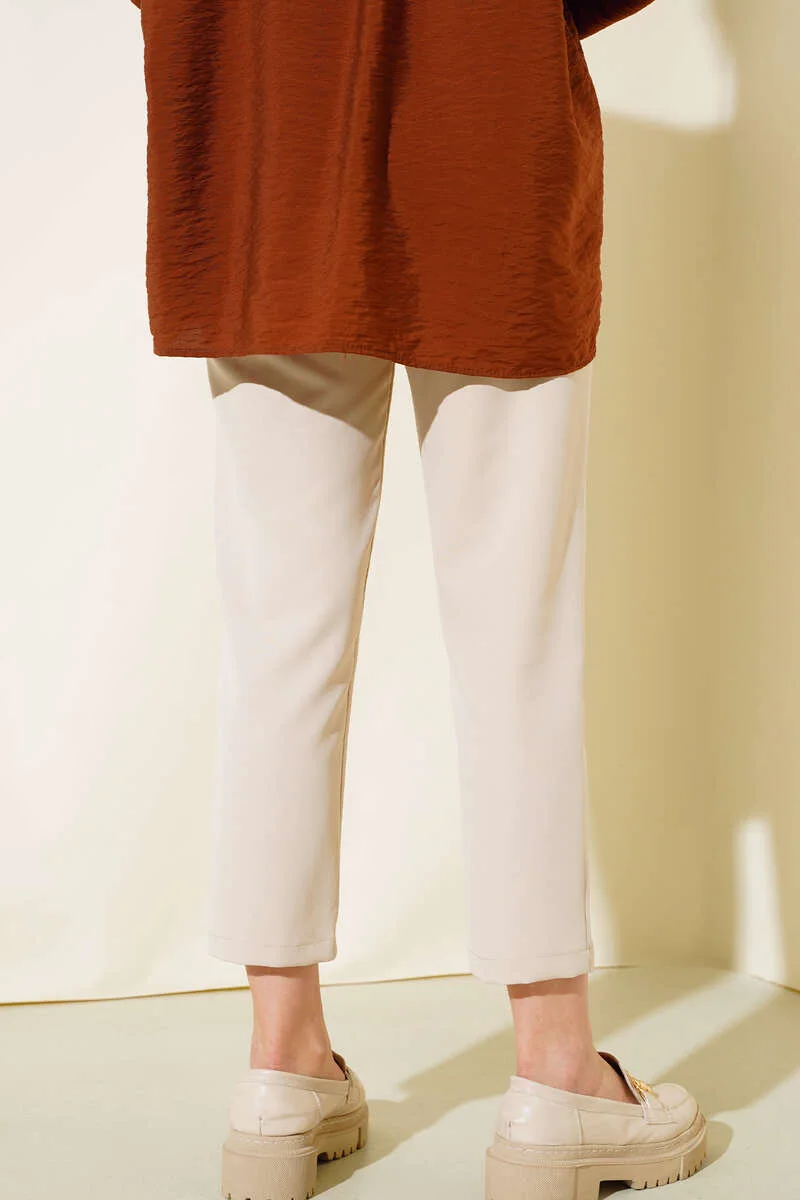 Belted Fabric Trousers Beige Großhandel pants view 3 - Hicabistan Türkei Fabrik