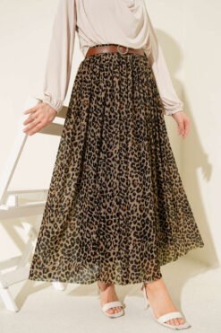 Belted Leopard Print Tulle Skirt Beige wholesale skirt - Hicabistan Turkey factory