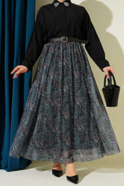 Belted Paisley Pattern Chiffon Skirt Emerald al por mayor skirt - Hicabistan fábrica Turquía
