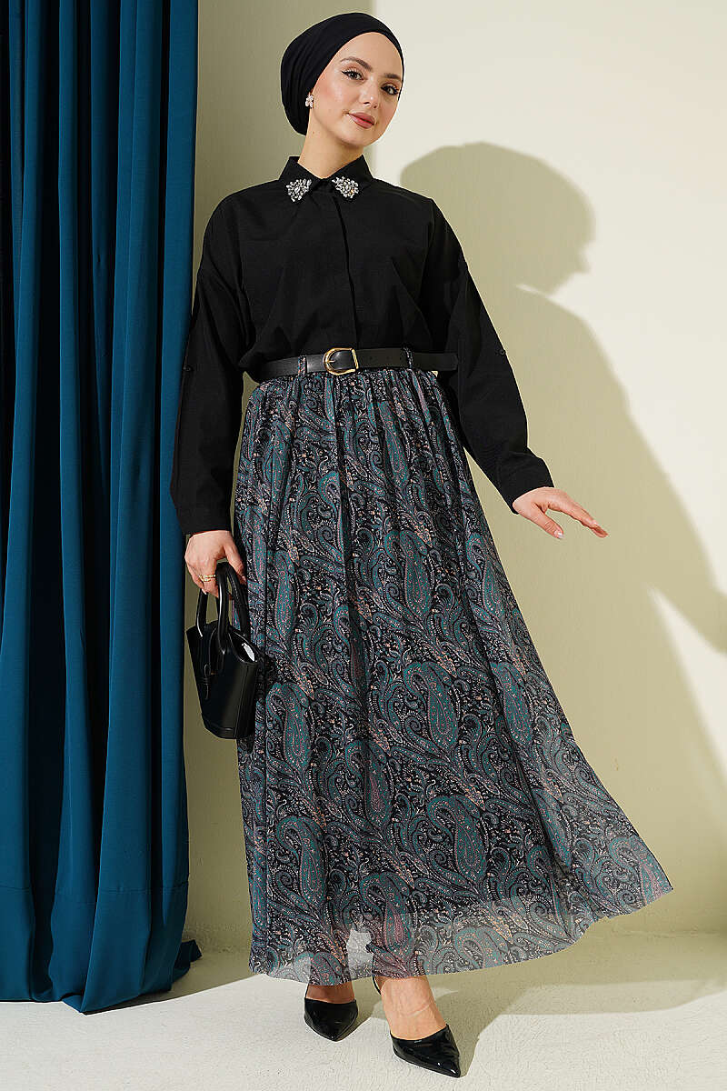 Belted Paisley Pattern Chiffon Skirt Emerald al por mayor skirt view 2 - Hicabistan fábrica Turquía
