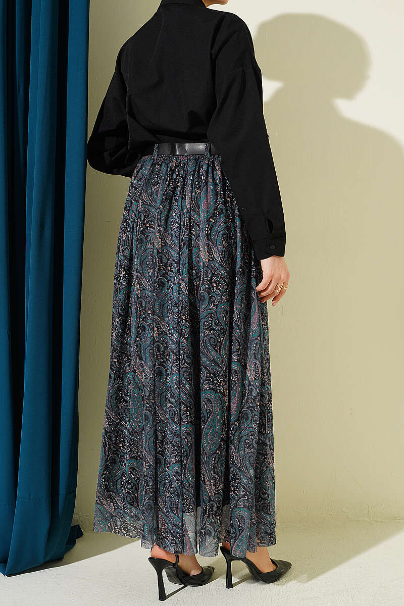Belted Paisley Pattern Chiffon Skirt Emerald al por mayor skirt view 3 - Hicabistan fábrica Turquía
