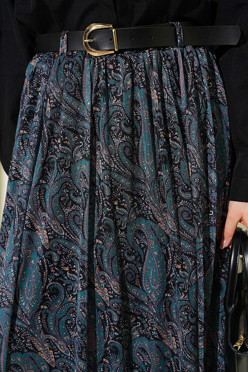 Belted Paisley Pattern Chiffon Skirt Emerald al por mayor skirt view 4 - Hicabistan fábrica Turquía