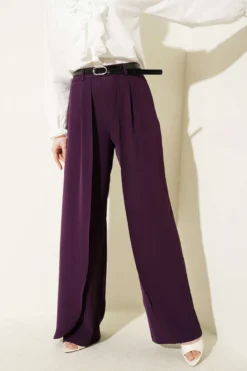 Woven Belted Half Button Dress Purple