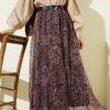 Belted Paisley Pattern Chiffon Skirt Brown