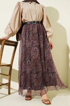 Belted Paisley Pattern Chiffon Skirt Brown