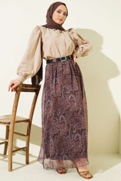 Belted Paisley Pattern Chiffon Skirt Brown groothandel skirt view 2 - Hicabistan Turkije fabriek