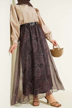 Belted Paisley Pattern Chiffon Skirt Khaki groothandel skirt - Hicabistan Turkije fabriek