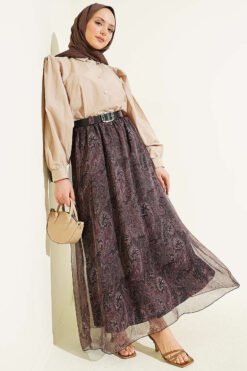 Belted Paisley Pattern Chiffon Skirt Khaki groothandel skirt view 2 - Hicabistan Turkije fabriek