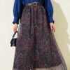 Belted Paisley Pattern Chiffon Skirt Navy Blue wholesale skirt - Hicabistan Turkey factory