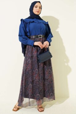 Belted Paisley Pattern Chiffon Skirt Navy Blue groothandel skirt view 2 - Hicabistan Turkije fabriek