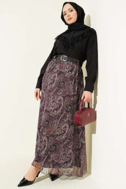 Belted Paisley Pattern Chiffon Skirt Plum groothandel skirt view 2 - Hicabistan Turkije fabriek