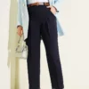 Belted Pleated Detail Carrot Pants Navy Blue