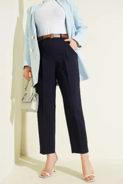 Belted Pleated Detail Carrot Pants Navy Blue