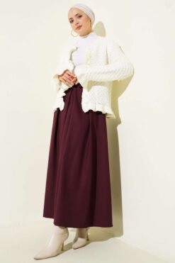 Belted Pleated Skirt Burgundy wholesale skirt view 2 - Hicabistan Turkey factory