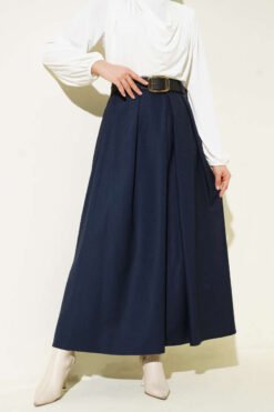 Belted Pleated Skirt Navy Blue wholesale skirt - Hicabistan Turkey factory