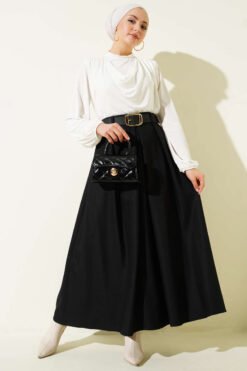 Belted Pleated Skirt Black wholesale skirt view 2 - Hicabistan Turkey factory