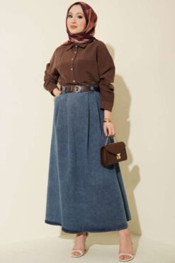 Alternatieve weergave van Belted Pleated Denim Skirt Blue