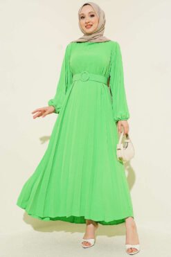Belted Pleated Flared Dress