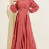 Belted Pleated Flared Dress Powder Pink