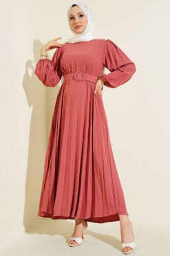 Belted Pleated Flared Dress Powder Pink