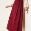 Belted Pleated Flared Skirt Burgundy