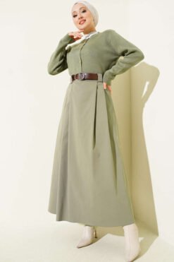 Belted Pleated Flared Skirt Großhandel skirt view 2 - Hicabistan Türkei Fabrik