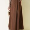 Belted Pleated Flared Skirt Brown