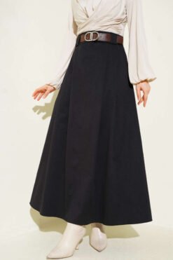 Belted Pleated Flared Skirt Black Großhandel skirt - Hicabistan Türkei Fabrik