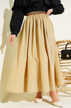Belted Poplin Skirt Beige wholesale skirt - Hicabistan Turkey factory