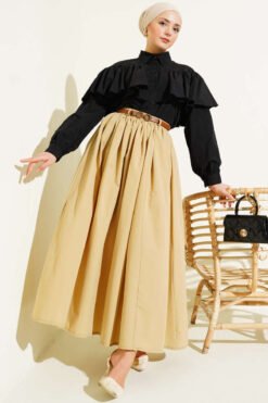 Belted Poplin Skirt Beige wholesale skirt view 2 - Hicabistan Turkey factory