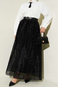 Belted Polka Dot Organza Skirt Black wholesale skirt - Hicabistan Turkey factory
