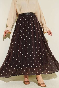 Belted Polka Dot Chiffon Skirt Brown wholesale skirt - Hicabistan Turkey factory