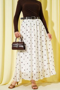 Belted Polka Dot Chiffon Skirt White wholesale skirt - Hicabistan Turkey factory