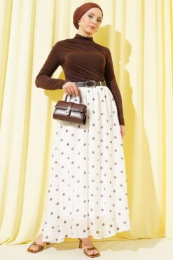 Belted Polka Dot Chiffon Skirt White wholesale skirt view 2 - Hicabistan Turkey factory