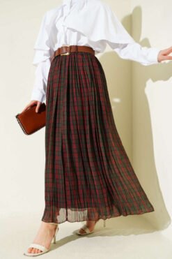 Belted Pleated Checkered Skirt Brown wholesale skirt - Hicabistan Turkey factory