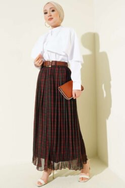 Vista alternativa de Belted Pleated Checkered Skirt Brown