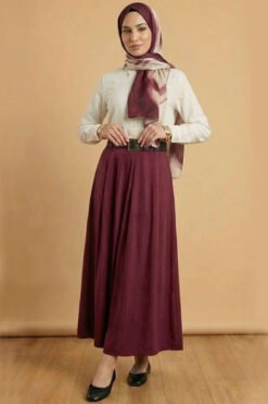 Belted Tencel Pleated Skirt Burgundy wholesale skirt - Hicabistan Turkey factory
