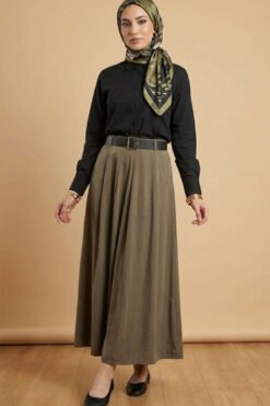 Belted Tencel Pleated Skirt Khaki wholesale skirt - Hicabistan Turkey factory