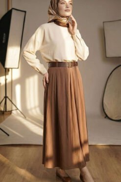 Belted Tencel Pleated Skirt Brown