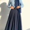 Belted Tencel Pleated Skirt Navy Blue wholesale skirt view 2 - Hicabistan Turkey factory