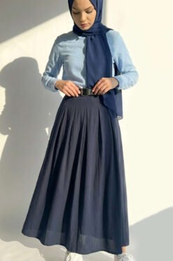 Belted Tencel Pleated Skirt Navy Blue wholesale skirt view 2 - Hicabistan Turkey factory