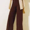 High Waist Wide Leg Trousers with Belt Brown
