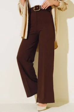 Alternative view of High Waist Wide Leg Trousers with Belt Brown
